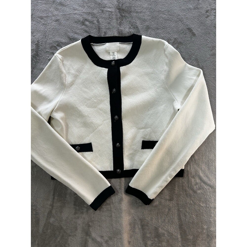 H&M Womens Cardigan Sweater Medium White Black Contrast Cropped Button Front